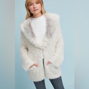 Anthropologie Cream Sweater with Faux Fur Trim